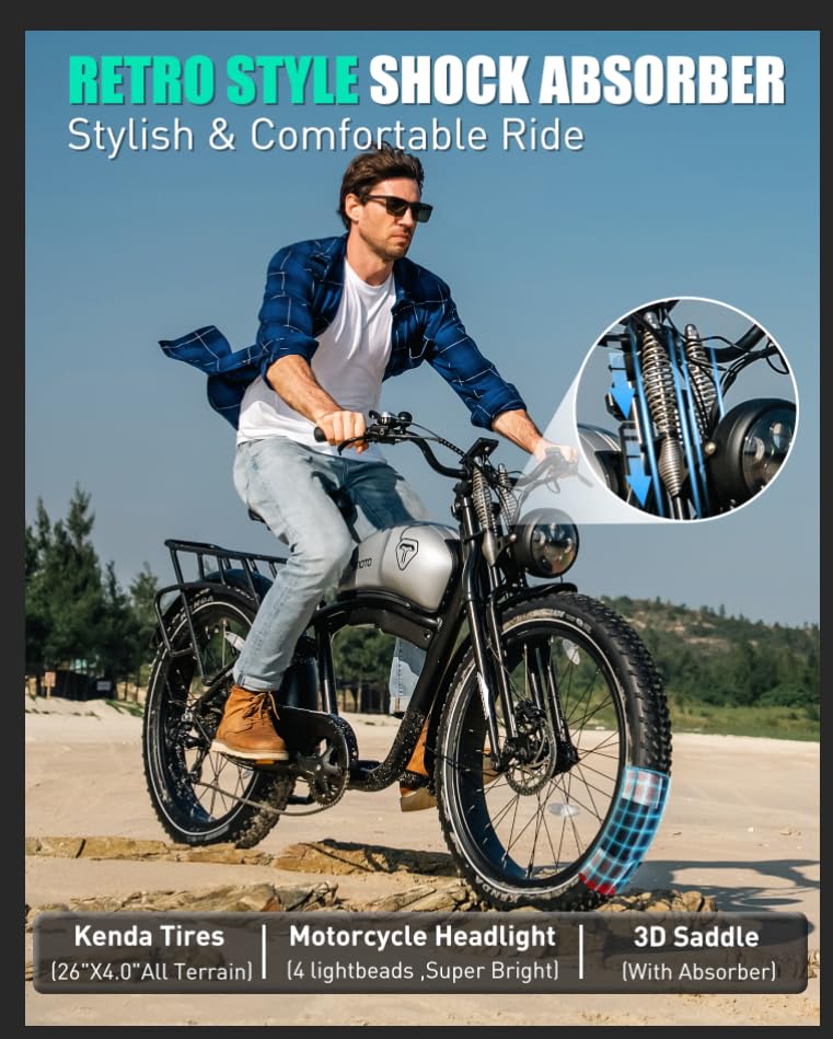Electric Motorcycle Adults 1500W 52V 20AH 34MPH Retro Style Moped Ebike Fat Tire Full Suspension B247