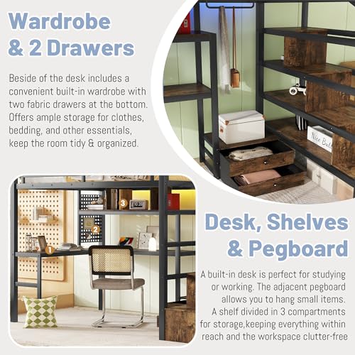 Queen Loft Bed with L-Shaped Desk and Stairs, Metal Frame, Black F92113