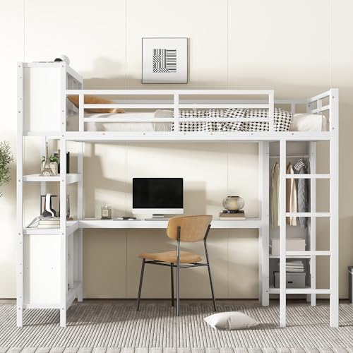 Full Loft Bed with Desk, Storage Shelves, and Wardrobe, Heavy-Duty Frame, Black K6320