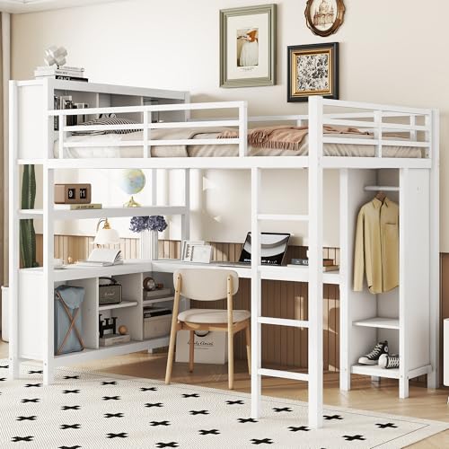 Full Loft Bed with Desk, Storage Shelves, and Wardrobe, Heavy-Duty Frame, Black K6320