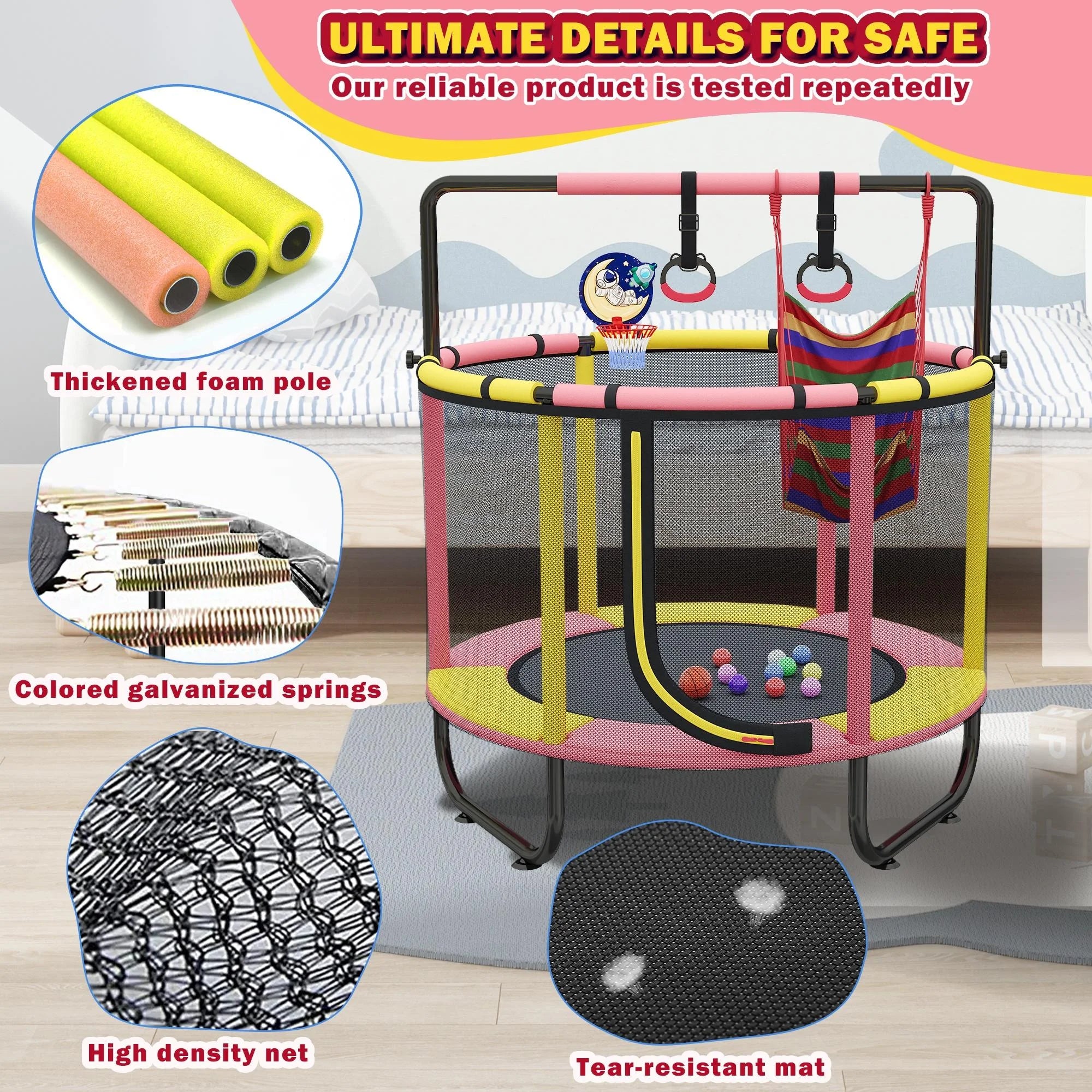 Mini Trampoline for Toddlers with Enclosure and Basketball Hoop F952