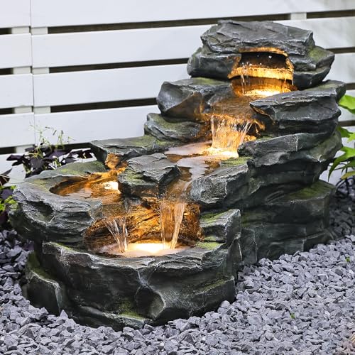 37" Outdoor Garden Water Fountain, 5-Tier Rock Waterfall with LED Lights H197