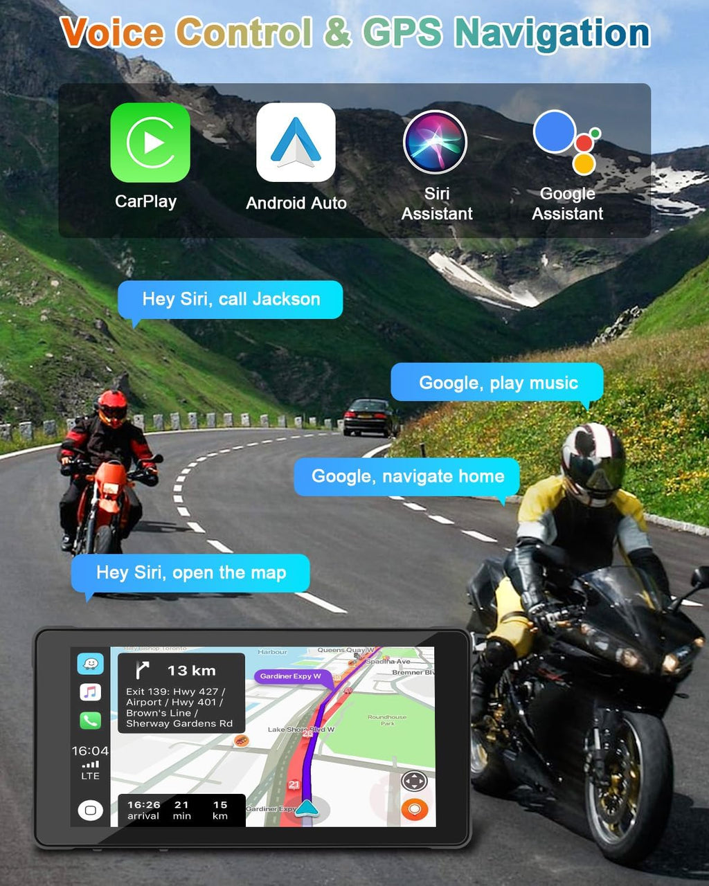 Portable 5.5'' CarPlay Screen for Motorcycle, Wireless CarPlay & Android Auto, GPS Navigation T9106