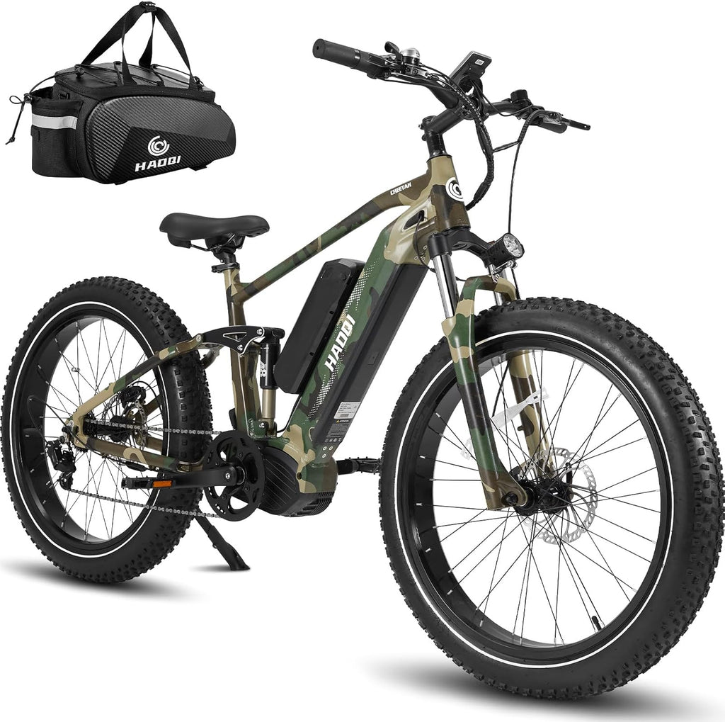 HAOQI Mid-Drive Electric Bike for Adults, 1000W Full Suspension Electric Bike,26" Fat Tire Ebike, 48V 22AH Dual Removable Battery, 28MPH Electric Mountain Bike,