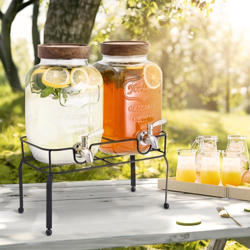 Glass Drink Dispenser with Stand and Spigot, 1 Gallon, Set of 2 I5509
