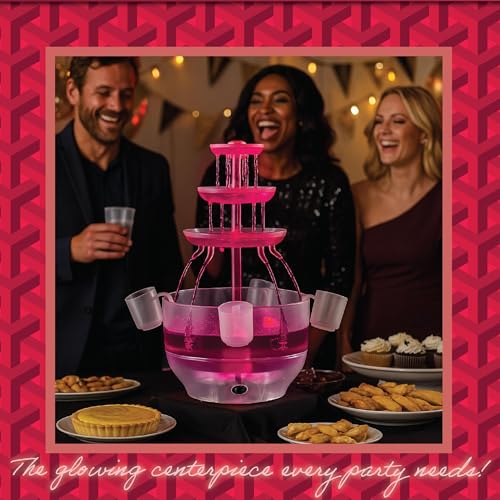 Drink Fountain for Parties - 1.5 Gal, 3 Tier Punch Bowl with LED Base, 4 Reusable Cups D308