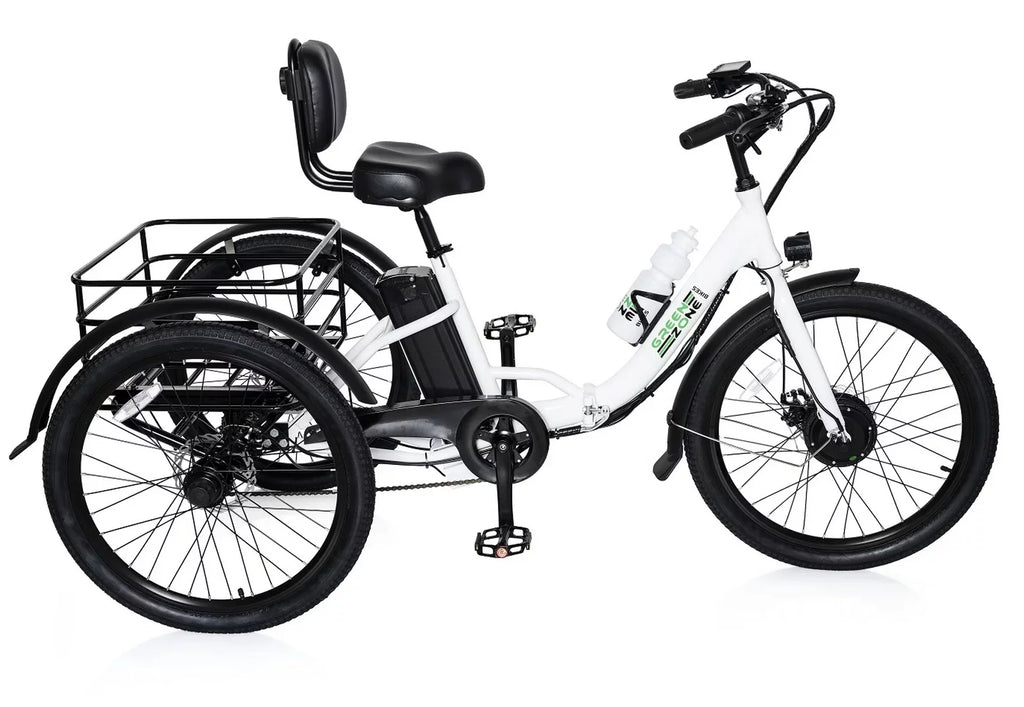 24" Electric Folding Tricycle for Adults & Seniors, 7-Speed, 3 Wheels Trike, 350W Motor, Black & White - Green Zone Bikes