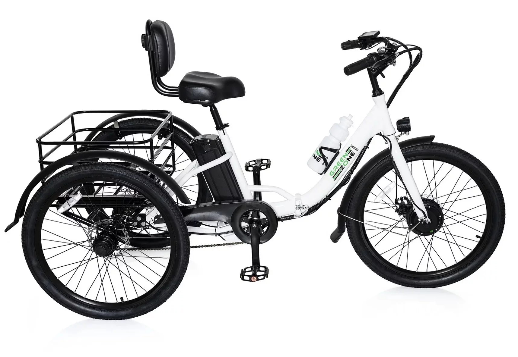 24" Electric Folding Tricycle for Adults & Seniors, 7-Speed, 3 Wheels Trike, 350W Motor, Black & White - Green Zone Bikes