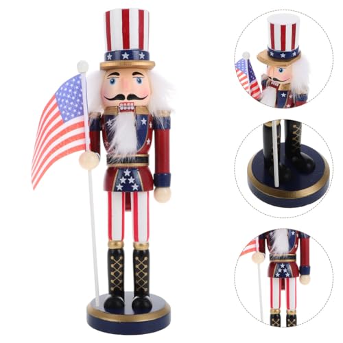 Patriotic Nutcracker Figurines Wooden Soldier Statue with Cane for Independence Day Decoration C859373