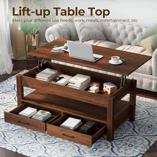 Lift Top Coffee Table with Drawers and Hidden Compartment, Wooden Retro Design for Living Room N4328