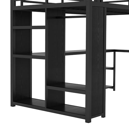 Metal Loft Bed with Wardrobe and L-Shaped Desk, Full Size with Storage Cubes and Shelves J450846