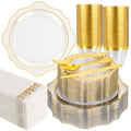 350 PCS Gold Plastic Plates with Cups, Silverware and Napkins for Party L8169