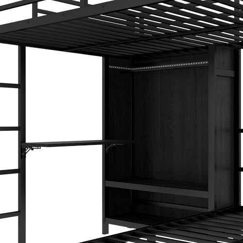 Metal Bunk Bed with Wardrobe Full XL Over Twin L-Shaped with Desk and Shelves R307