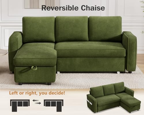 81" Sleeper Sofa Bed with Pull Out Bed, L Shaped Sectional, Chenille Green C110