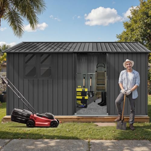 10 x 8 ft Outdoor Storage Shed, Metal Building with Windows and Lockable Doors, Grey Q206