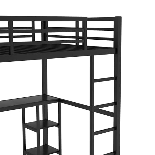 Metal Loft Bed with Wardrobe and L-Shaped Desk, Full Size with Storage Cubes and Shelves J450846