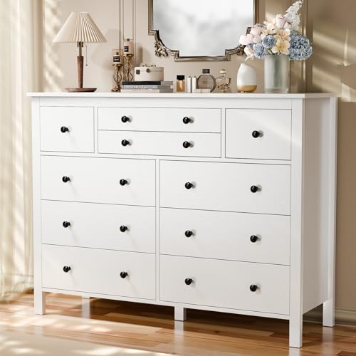 10 Drawer Large White Dresser for Bedroom, 47.2" Long Chest of Drawers with Deep Drawers, Modern Wooden Storage Dresser for Closet, 36.2" Tall TV Stand for Living Room, Hallway, Entryway