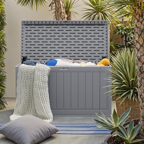 31 Gallon Resin Deck Box Waterproof Indoor Outdoor Storage for Patio Cushions and Garden Tools L90121