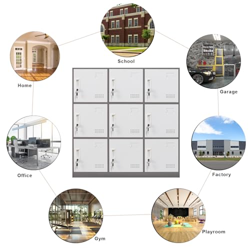 Steel Locker Organizer, 9-Door Locking Cabinet, Grey & White P6906