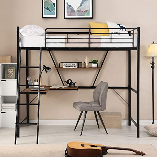 Full Loft Bed with Desk, Storage Shelves, and Wardrobe, Heavy-Duty Frame, Black K6320