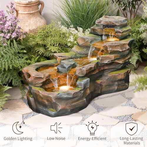 37" Outdoor Garden Water Fountain, 5-Tier Rock Waterfall with LED Lights H197
