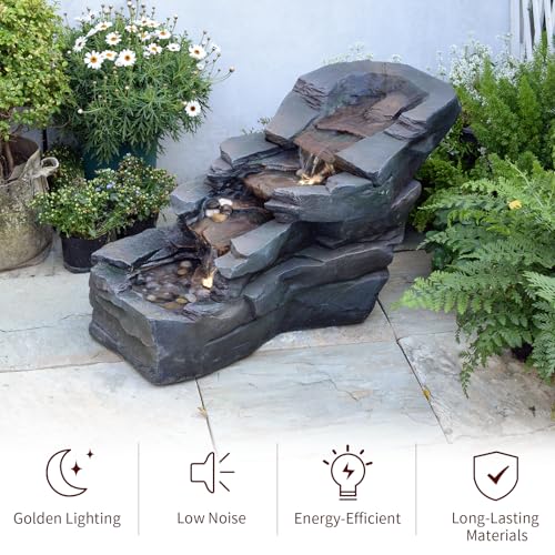37" Outdoor Garden Water Fountain, 5-Tier Rock Waterfall with LED Lights H197