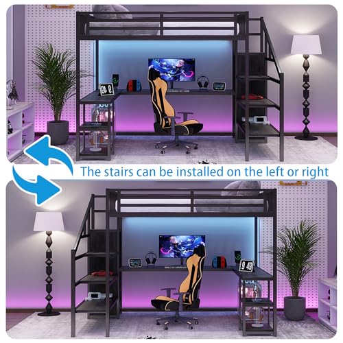 Queen Loft Bed with L-Shaped Desk and Stairs, Metal Frame, Black F92113