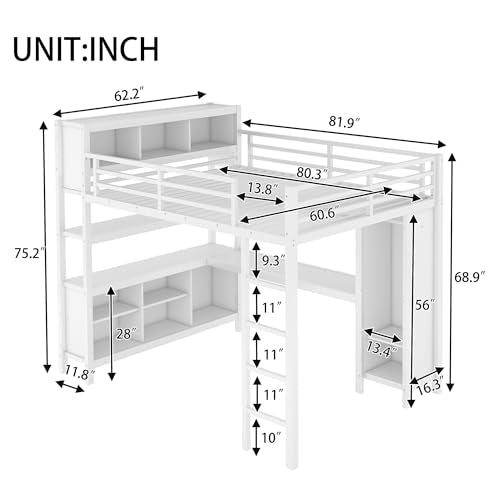 Full Loft Bed with Desk, Storage Shelves, and Wardrobe, Heavy-Duty Frame, Black K6320