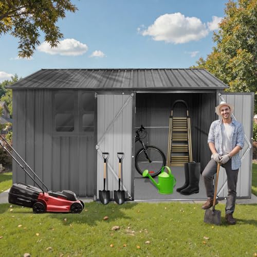 10 x 8 ft Outdoor Storage Shed, Metal Building with Windows and Lockable Doors, Grey Q206