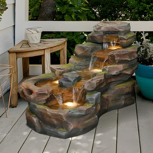 37" Outdoor Garden Water Fountain, 5-Tier Rock Waterfall with LED Lights H197