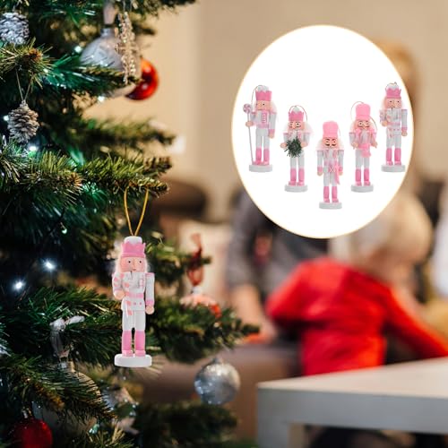 Pink Wooden Nutcracker Ornaments for Christmas Tree, 5 Inch, Set of 5 B857