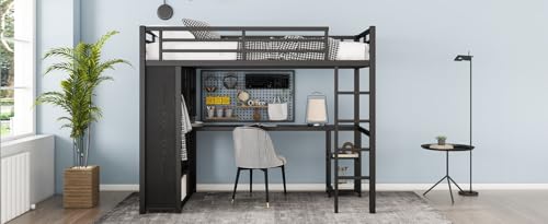 Metal Loft Bed with Wardrobe and L-Shaped Desk, Full Size with Storage Cubes and Shelves J450846