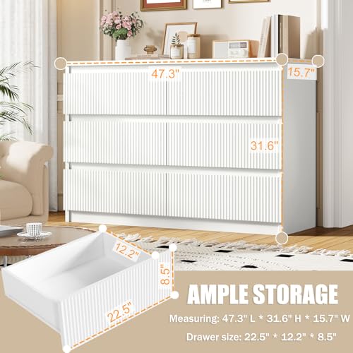 White 6 Drawer Dresser for Bedroom, Modern Fluted with Deep Drawers L14151