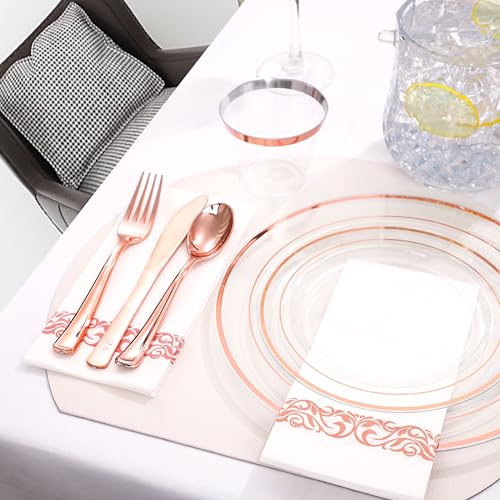 350PCS Clear Gold Plastic Dinnerware Set for 50 Guests, Disposable Plates, Cups & Silverware N692