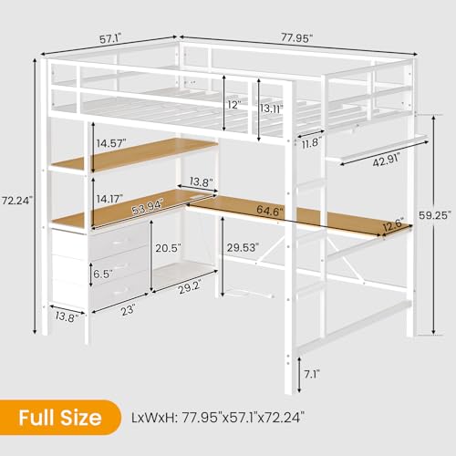 Loft Bed Full Size with L-Shaped Desk and Charging Station G796