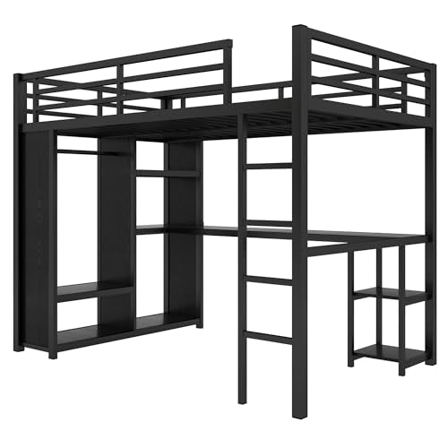 Metal Loft Bed with Wardrobe and L-Shaped Desk, Full Size with Storage Cubes and Shelves J450846