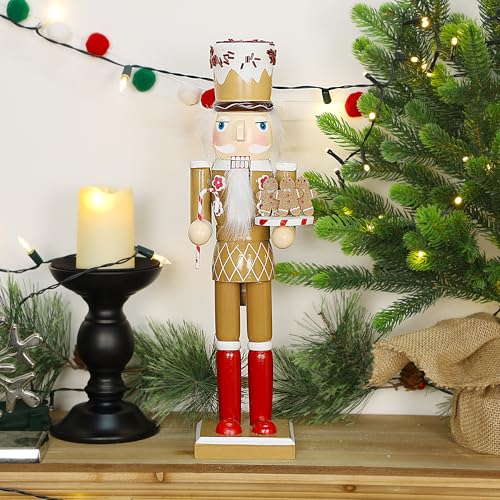 14 Inch Christmas Nutcracker Figures, Wooden Santa Chef Holding Gingerbread Men, Tabletop Centerpiece Decor R14704
