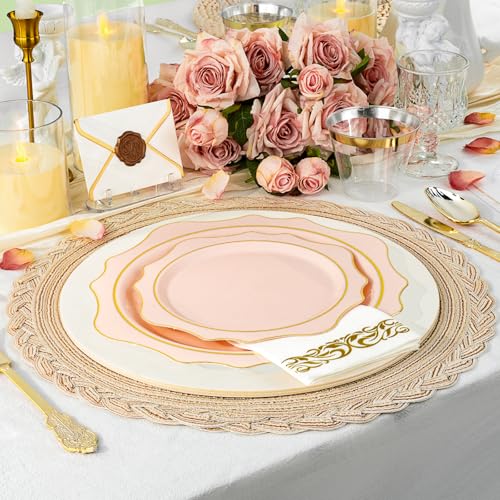 350 PCS Gold Plastic Plates with Cups, Silverware and Napkins for Party L8169