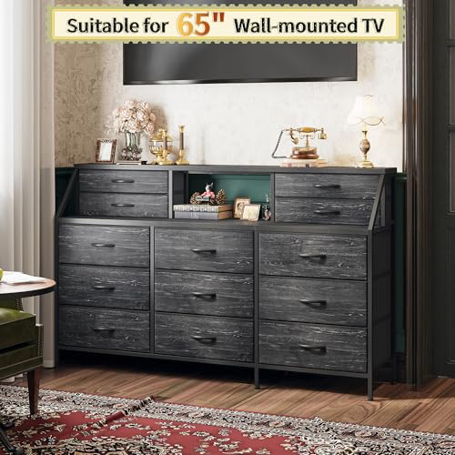 55" Dresser with 13 Fabric Drawers and 2 Open Shelves, Rustic Brown K688