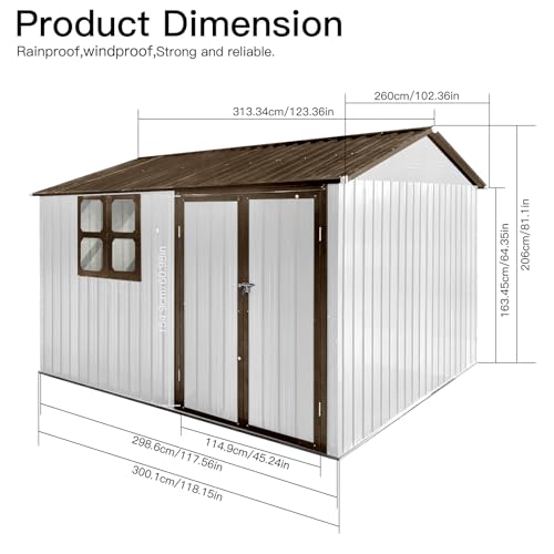 10 x 8 ft Outdoor Storage Shed, Metal Building with Windows and Lockable Doors, Grey Q206