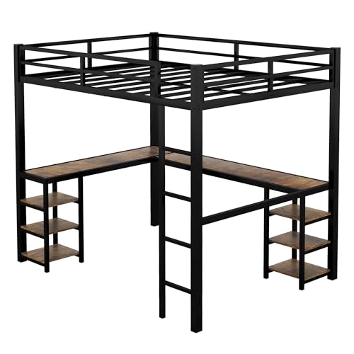Full Size Loft Bed with Wardrobe and L-Shaped Desk, Metal with Storage Cubes, White Q15057