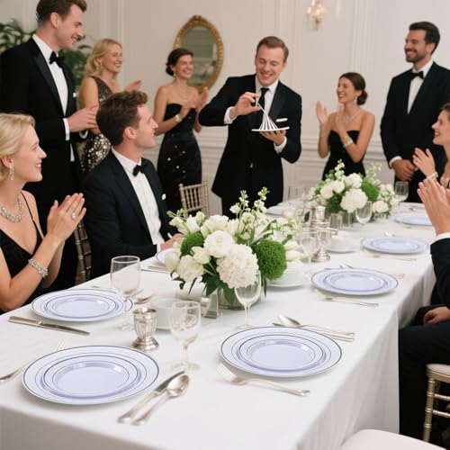 350PCS Clear Gold Plastic Dinnerware Set for 50 Guests, Disposable Plates, Cups & Silverware N692
