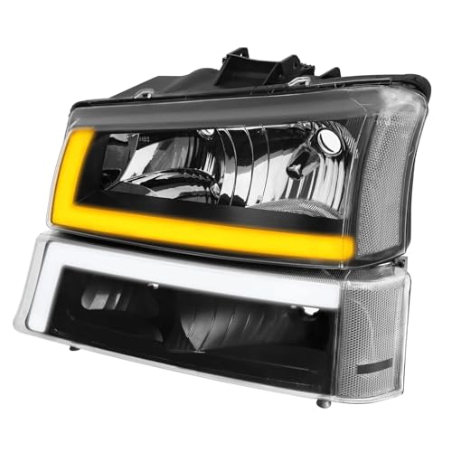 Headlights Assembly with LED Sequential Signal for Chevy Silverado Avalanche 2003-2006, Black Housing V223796