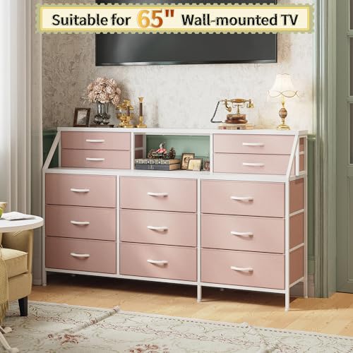 55" Dresser with 13 Fabric Drawers and 2 Open Shelves, Rustic Brown K688