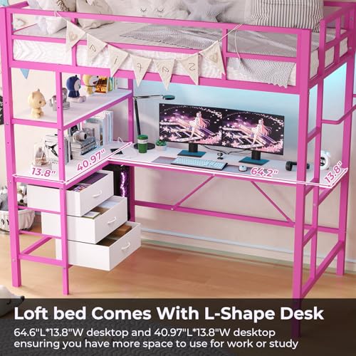Loft Bed Full Size with L-Shaped Desk and Charging Station G796