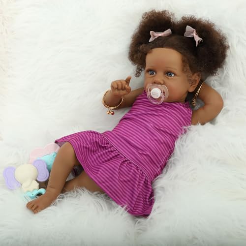 22" Realistic African American Newborn Baby Doll with Two Afro Puffs and Feeding Toys N45735