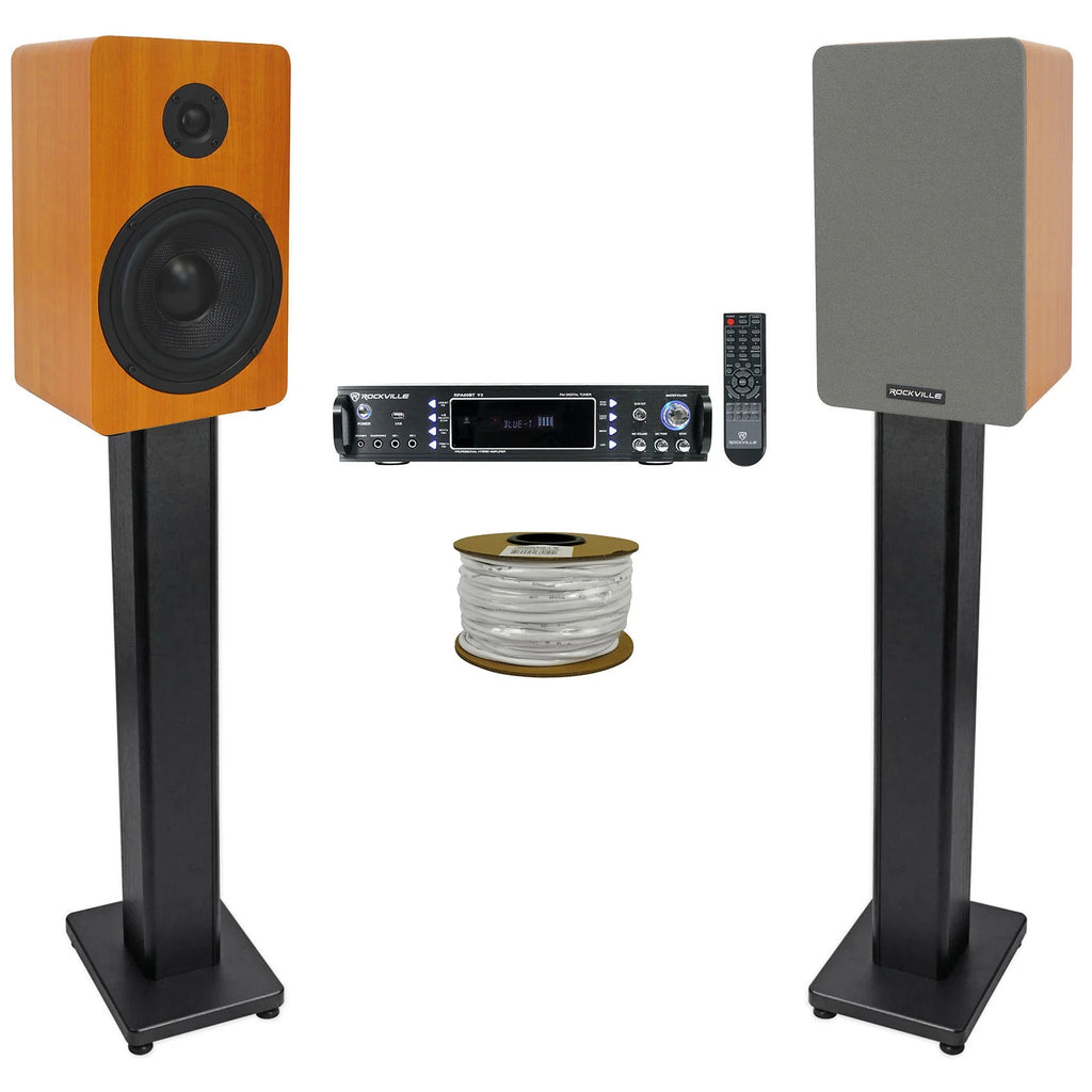 Rockville RPA60BT Receiver+(2) 5.25" Wood Bookshelf Speakers+36" Wood Stands + Rockville R14GSBR100 Red/Blk 14 Gauge 100' Ft. Mini Spool Car Audio Speaker Wire