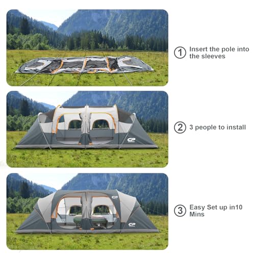 12-Person Camping Tent, 3 Room Family Tent, Waterproof Windproof with Carry Bag Q601154
