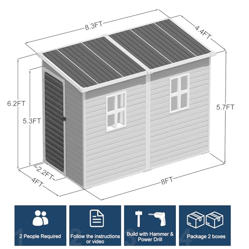 Outdoor Resin Storage Shed with Floor 8x6x7 FT Waterproof, Gray U422