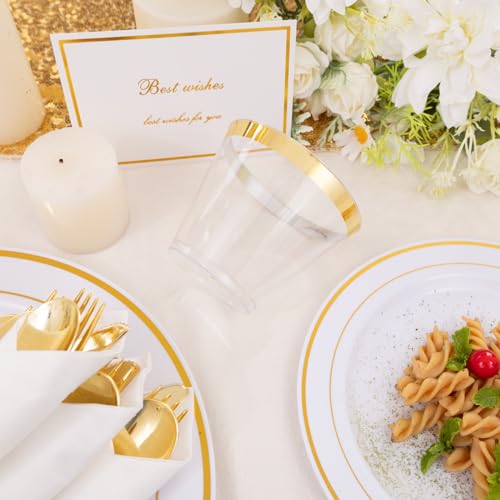 350PCS Clear Gold Plastic Dinnerware Set for 50 Guests, Disposable Plates, Cups & Silverware N692